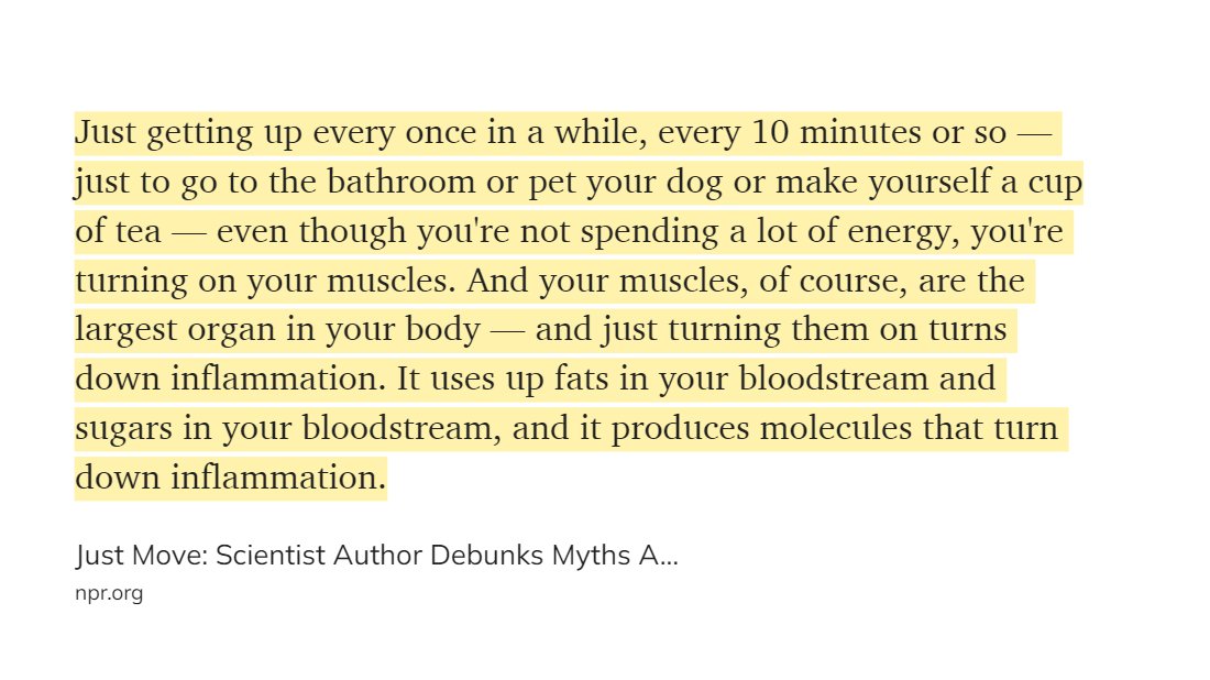 Do you not like to sit for long periods of time? Me neither. 

Turns out: interrupted sitting reduces inflammation. 

I may be a busy body, but that's another story 😄

npr.org/sections/healt…