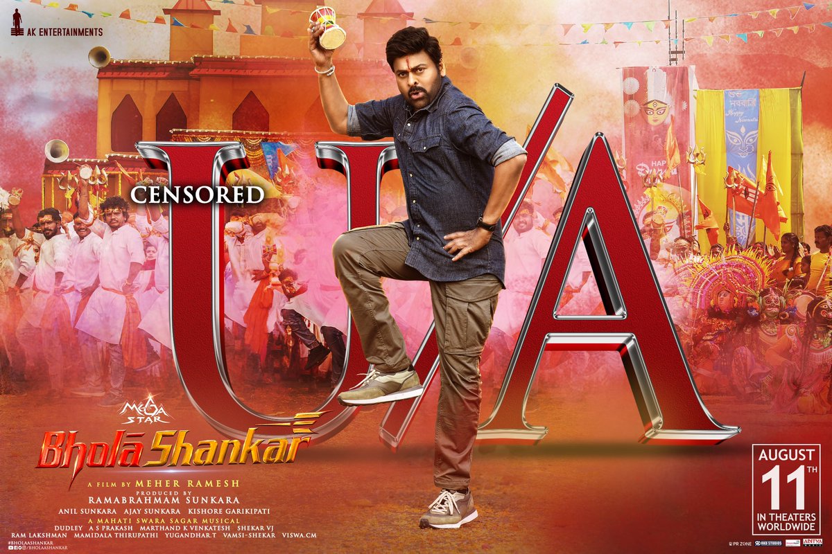 #BholaaShankar 🔱 
Certified with U/A 😇
All set to entertain you all in Theatres from AUGUST 11th ❤️‍🔥

Experience Mega 🌟 <a href="/KChiruTweets/">Chiranjeevi Konidela</a>'s MASSive Euphoria on the Big screens worldwide💥

A film by <a href="/MeherRamesh/">Meher Raamesh</a> <a href="/AnilSunkara1/">Anil Sunkara</a> <a href="/tamannaahspeaks/">Tamannaah Bhatia</a> <a href="/KeerthyOfficial/">Keerthy Suresh</a> <a href="/iamSushanthA/">Sushanth A</a>