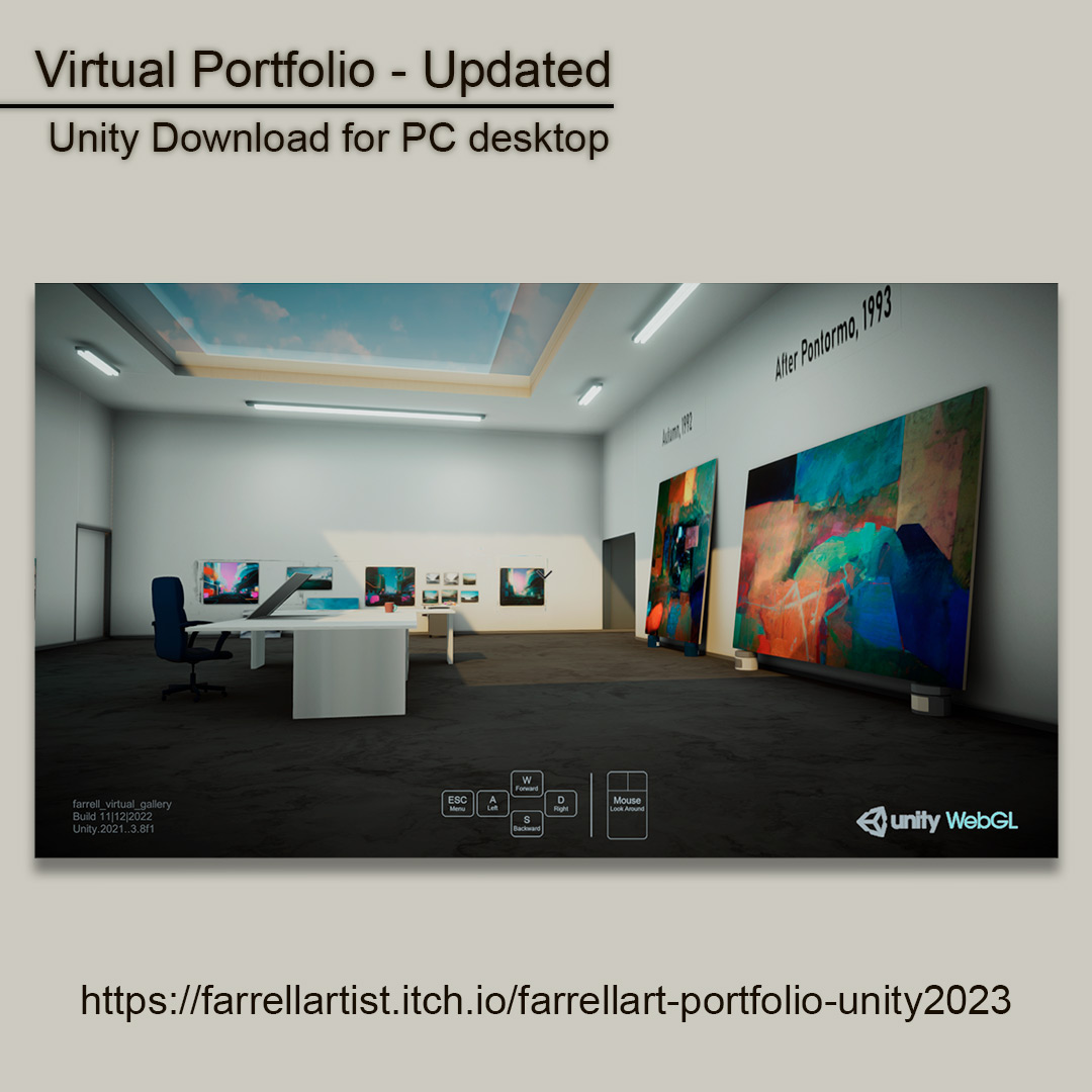 I have just uploaded an updated version of my virtual portfolio - I have added some new paintings and extra bits. Have a look - PC Download only.
.
.
farrellartist.itch.io/farrellart-por…
.
#art #portfolio #artiststudio #virtualstudio #madewithunity