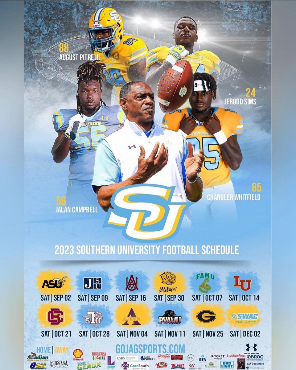 Recruit4SU's tweet photo. JAGUAR NATION ITS AUGUST!!! That means fall sports are about to kick off! Here are all the fall sports schedules, let’s get out and #SUpport @southernusports This Fall! #ProwlAsOne #TheStandard #GeauxJags #SpotTheBall https://t.co/ABCjmV5iag