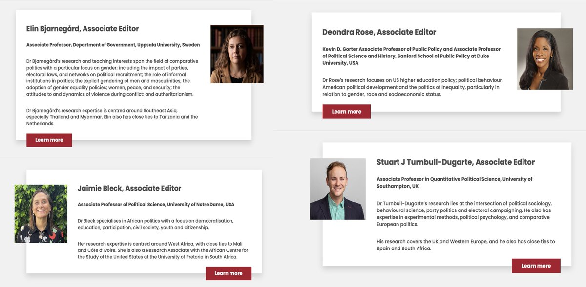Our two Co-Lead Editors will be joined by four outstanding Associate Editors including <a href="/elinbja/">Elin Bjarnegård</a> (<a href="/uppgap/">UPPGAP - Uppsala Gender and Politics</a>), Jaimie Bleck (<a href="/NotreDame/">University of Notre Dame</a>), <a href="/DeondraRose/">Deondra Rose</a> (<a href="/DukeSanford/">Sanford School of Public Policy</a>), &amp; @turnbulldugarte (<a href="/sotonpolitics/">Politics at Southampton</a>)