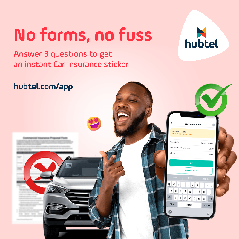 hubtel's tweet photo. 3 questions p3! 🛡️🚘
Get your instant car insurance sticker from Ghana's most useful app with 3 simple questions. Why delay for an insurance sticker when time waits for no man?