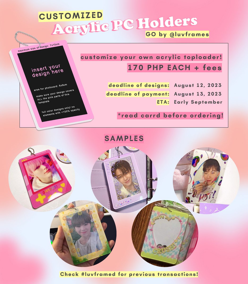 BATCH 5 ACRYLIC PC HOLDERS GROUP ORDER

Customize your own acrylic PC Holder with us! 
✨ 7x10 cm with silver ballchain
✨ design template: tinyurl.ph/luvframestempl…
✨170Php each + fees

Deadline of designs: 8/12/23
DOP: 8/13

🌸30 slots open!🌸
Reply mine + # of slots to claim!