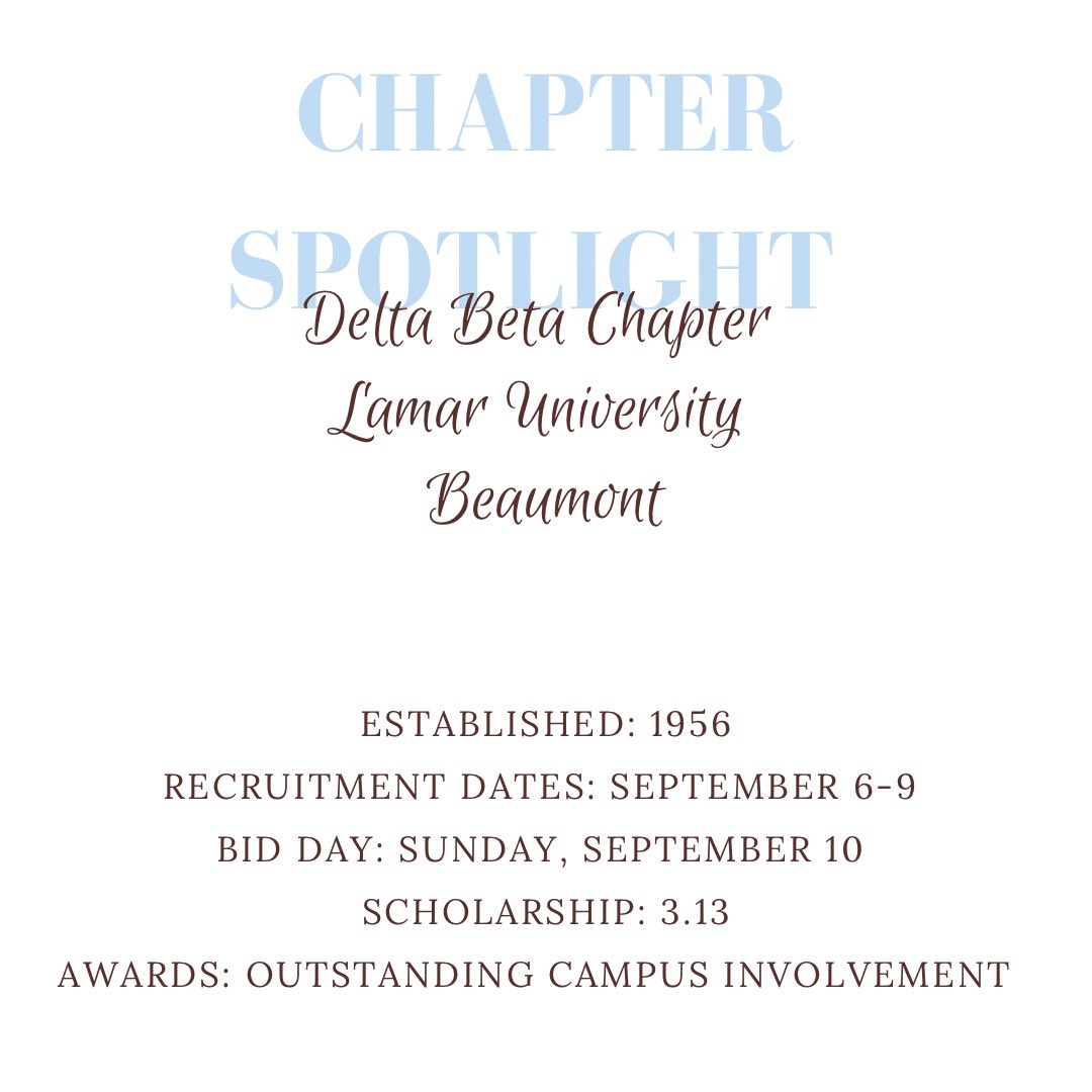 DallasADPi's tweet image. As TX chapters prepare for Recruitment, let’s shine a spotlight on 9 chapters. Previously highlighted Gamma Chi, Delta, Epsilon Epsilon, Gamma Upsilon, Zeta Lambda, Delta Mu, and Epsilon Zeta chapters. Now: Delta Beta at Lamar. Recruitment September 6-19. #GoADPi #WLFEOWednesday