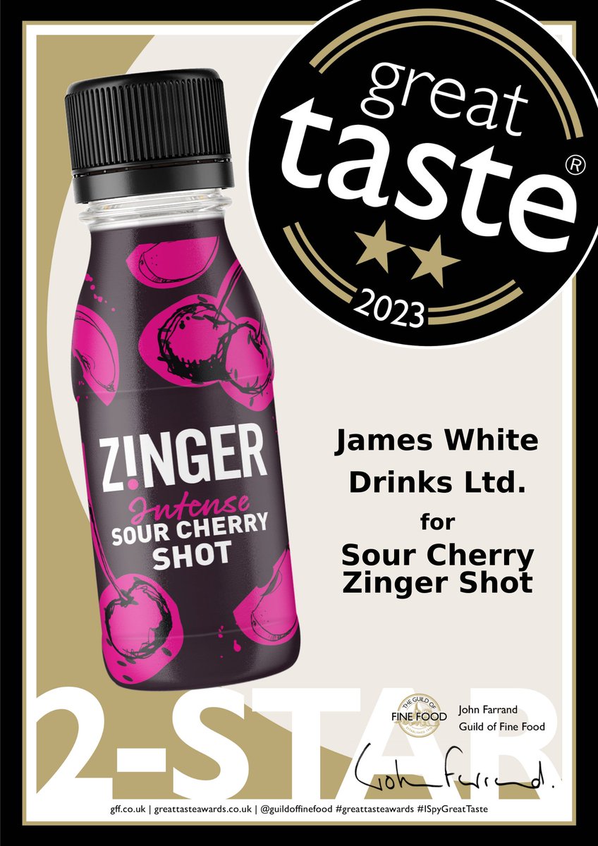 Yesterday we discovered that our new <a href="/ZingerShots/">Zinger Shots!</a> Sour Cherry flavour has been awarded two stars at this years <a href="/guildoffinefood/">Guild of Fine Food</a> Great Taste Awards. The highest award given to any soft drink in 2023. #winners #twostars #GreatTasteAwards #guildoffinefood