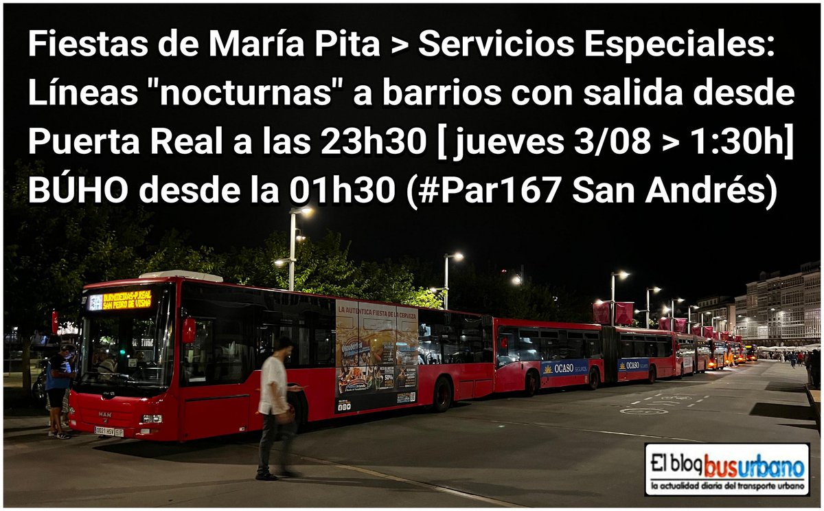 BlogBusurbano's tweet photo. ❗HASTA EL MARTES 08/08:
Para regresar a casa tras
los conciertos  de las
#FiestasDeMariaPita2023,
nada mejor que
en #BusUrbano.

> Líneas a barrios desde las 23:30 (excepto el jueves > 01:30h)

> #BÚHO cada hora de 1:30 a 4:30h; salida desde la #Par167  #SanAndrés 121

⏩sigue⏩ https://t.co/CQcwS7Cqd9
