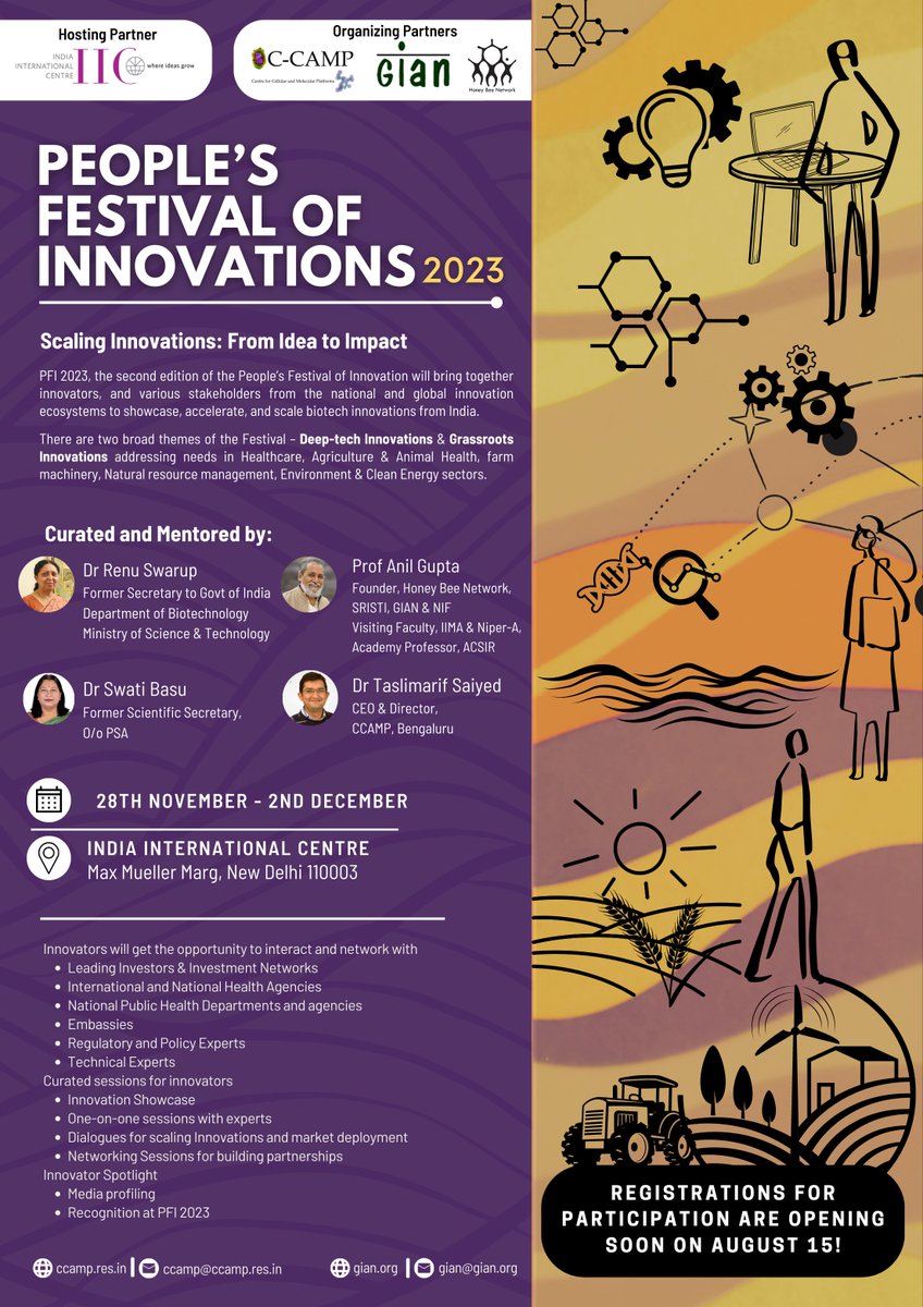 C-CAMP (@ccamp_india) on Twitter photo #SaveTheDate CCAMP <a href="/giangujarat/">GIAN</a> People's Festival of Innovations is back from 28th Nov-2nd Dec 2023 <a href="/IIC_Delhi/">India International Centre(Official Account)</a>
An annual celebration of India's Innovative Spirit, #PFI2023 will be themed Scaling Innovations: from Idea to Impact & aims to accelerate, showcase and scale #SaveTheDate CCAMP <a href="/giangujarat/">GIAN</a> People's Festival of Innovations is back from 28th Nov-2nd Dec 2023 <a href="/IIC_Delhi/">India International Centre(Official Account)</a>
An annual celebration of India's Innovative Spirit, #PFI2023 will be themed Scaling Innovations: from Idea to Impact & aims to accelerate, showcase and scale