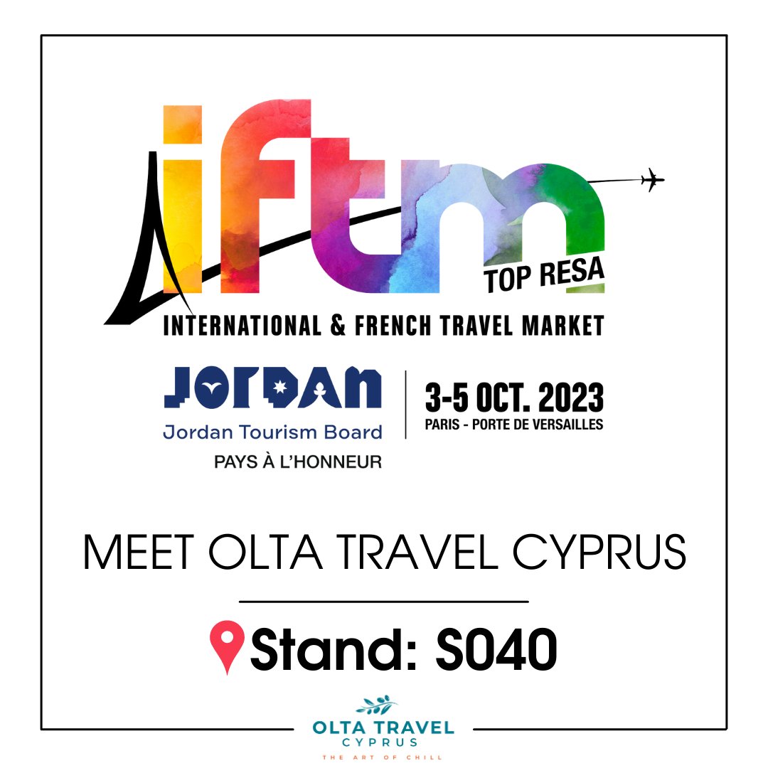 👋Retrouvez OLTA Travel Cyprus à <a href="/iftmparis/">IFTM</a> 2023!

Tatiana Mirovshchikova, directrice d'OLTA Travel Cyprus, et Olga Smirnova, responsable du département MICE, seront ravies  de répondre à vos questions.

📅 Du 3 au 5 Octobre 
👉 Paris - Porte de Versailles
📍 Stand: S040

#iftm