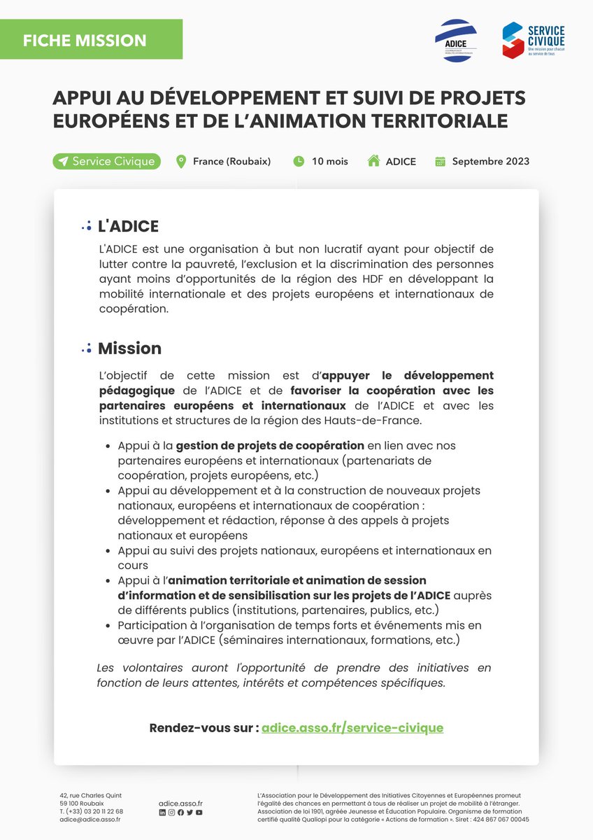 Envie de rejoindre l'équipe de l'ADICE et de contribuer à ses actions à travers la gestion de projet européen et l'animation territoriale ? 🌍

L'association propose une mission de service civique dans ses locaux dès septembre !

🔗 adice.asso.fr/service-civique