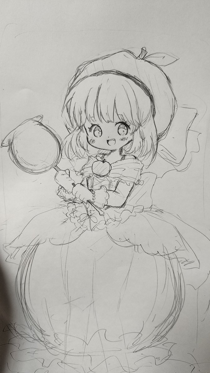 🍎ちゃん、ずっと気に入ってなくて何回も描き直しして、ようやくこれっていう子が描けた!これで色つけていく!!