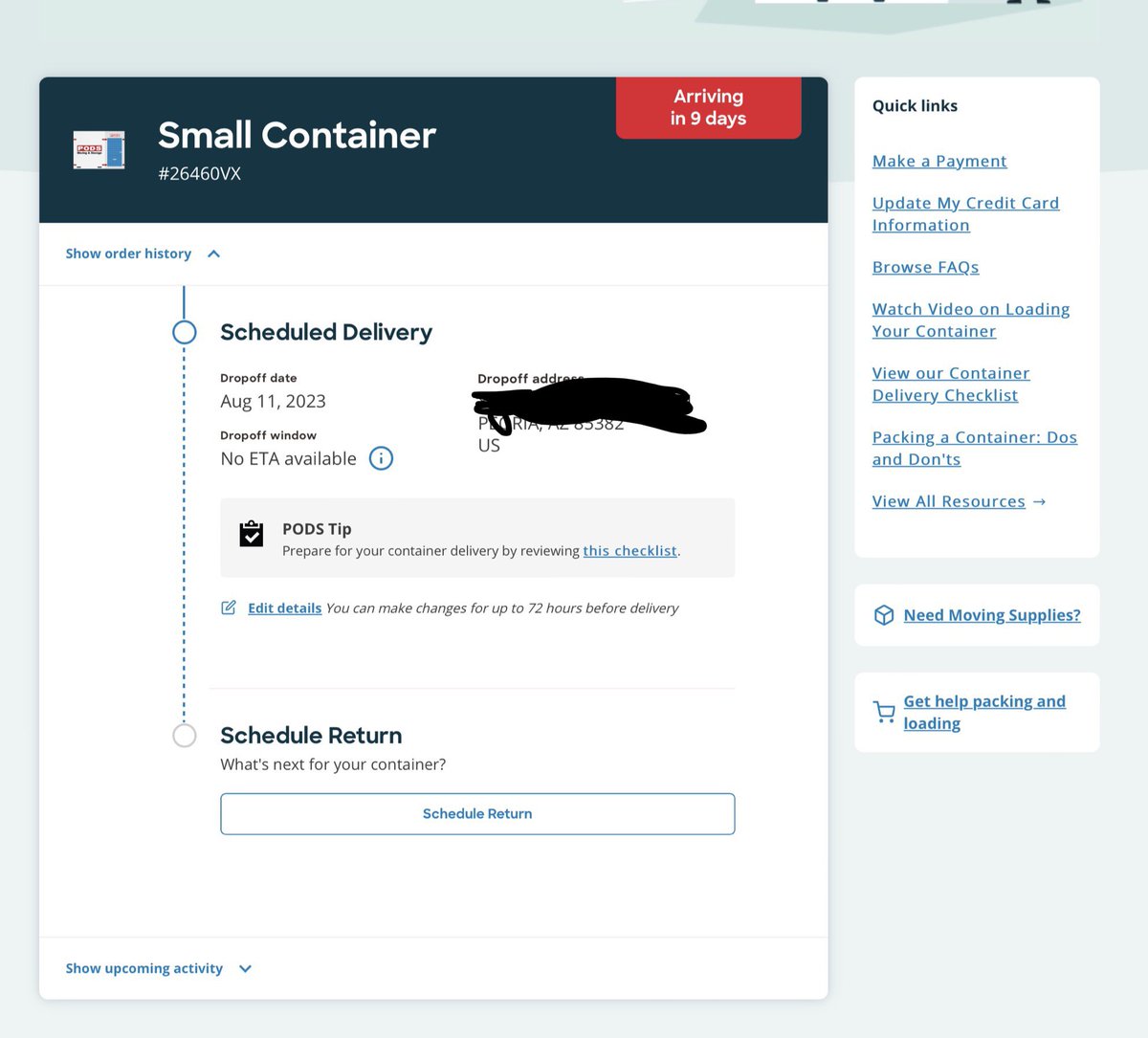 singlemanstudio's tweet image. According to PODs Advocacy’s email I am receiving my POD today - late. Delays have been my fault - not their faulty website and hour + hold times. According to MyPods TODAY, not receiving until the 11th. How can I schedule return? @PODS