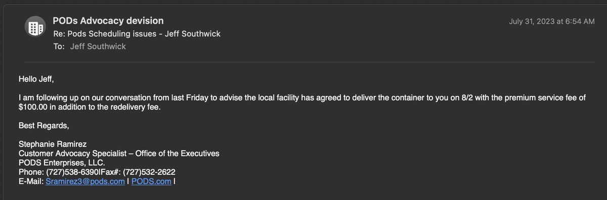 singlemanstudio's tweet image. According to PODs Advocacy’s email I am receiving my POD today - late. Delays have been my fault - not their faulty website and hour + hold times. According to MyPods TODAY, not receiving until the 11th. How can I schedule return? @PODS