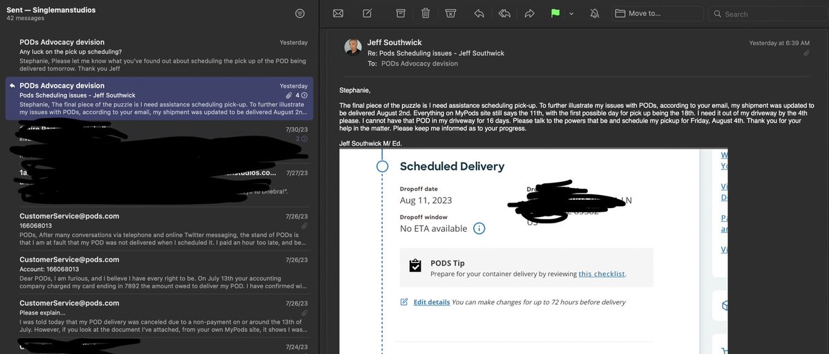 singlemanstudio's tweet image. According to PODs Advocacy’s email I am receiving my POD today - late. Delays have been my fault - not their faulty website and hour + hold times. According to MyPods TODAY, not receiving until the 11th. How can I schedule return? @PODS