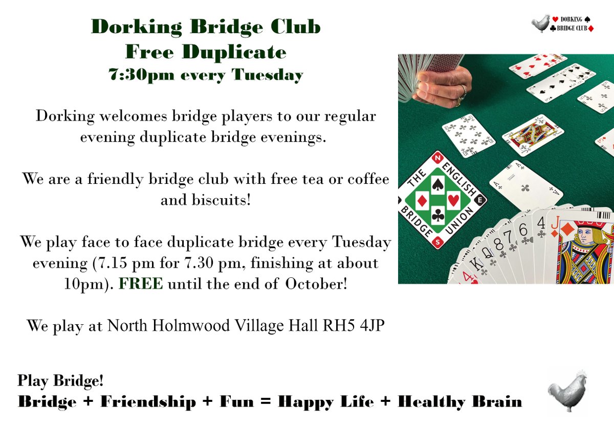 📷Dorking welcomes bridge players to our regular duplicate bridge evenings.

We are a friendly bridge club with free tea or coffee and biscuits!

We play face to face duplicate bridge every Tuesday evening (7.15pm for 7.30pm, finishing at about 10.00pm). FREE until end of October