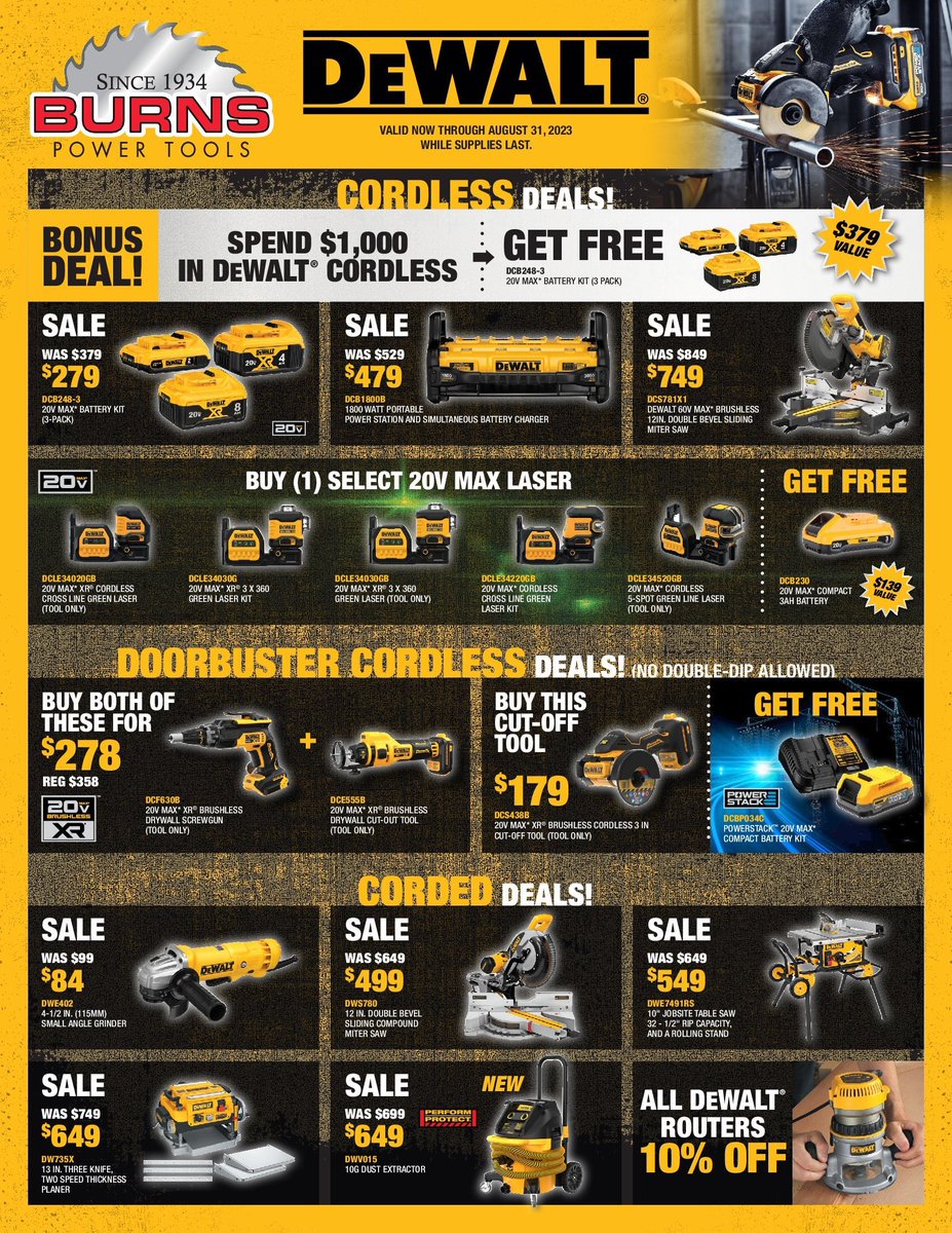 BurnsTools's tweet image. Hey guys, part 2 of our amazing #DeWalt flyer is here! Remember these deals run all month long and it&apos;s a really good chance to get the tools and batteries you need plus tons of free goods and marked down prices so get it while supplies last at #BurnsPowerTools.