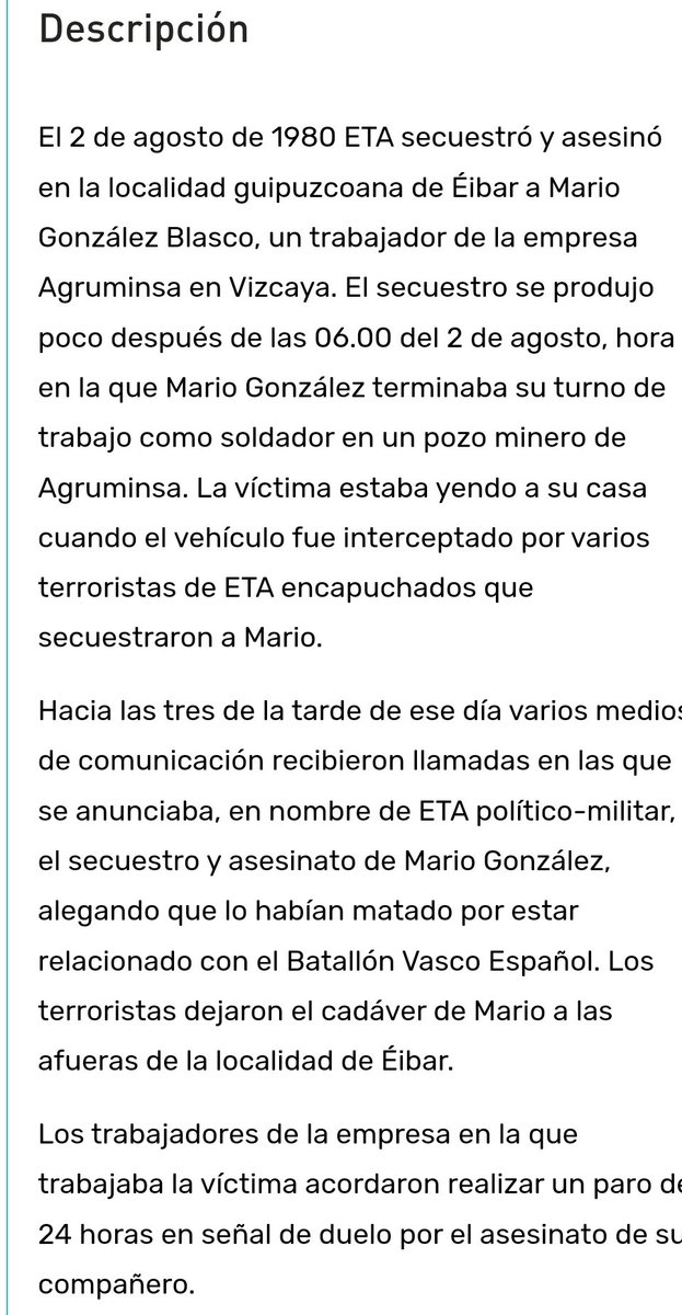urteagaGC's tweet image. 2 de Agosto de 1980 #ETApm secuestró, torturó y asesinó al soldador Mario González en #Eibar. Acababan de salir del turno de noche, varios terroristas les interceptaron dejaron atado a su compañero y se lo llevaron.
MEMORIA DIGNIDAD Y JUSTICIA 
RETUITEA, NO AL OLVIDO.