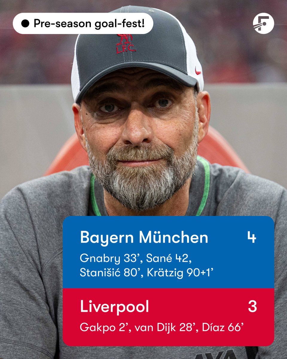 FotMob's tweet photo. 🇩🇪🤝🏴 Bayern got the better of Jürgen Klopp's Liverpool in a pre-season game played in Singapore.
Early goals from the Reds were cancelled out by Gnabry and Sané, before Liverpool again took the lead, only to be outdone by two late goals from Bayern youth products.
#FCBLIV https://t.co/Klic3hihy4