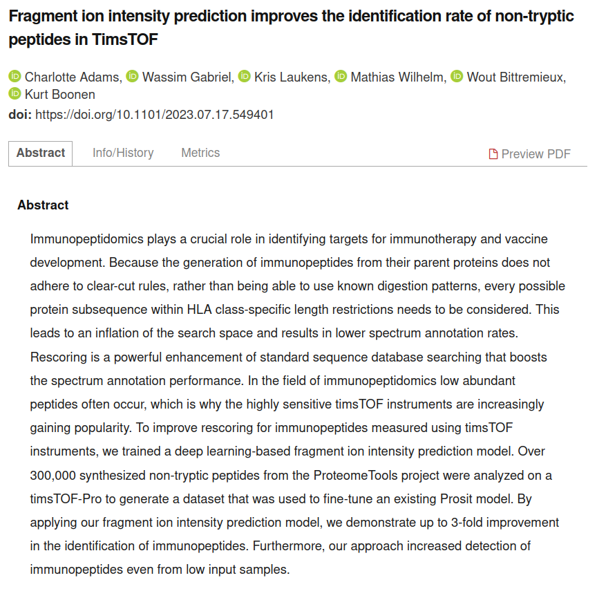 Excited to share our latest research on fragment ion intensity prediction for timsTOF #immunopeptidomics data analysis! Check out the preprint on #bioRxiv: biorxiv.org/content/10.110…

Also really proud to be in a @proteomicsnews blog post! Read about it here: proteomicsnews.blogspot.com/2023/08/fragme…