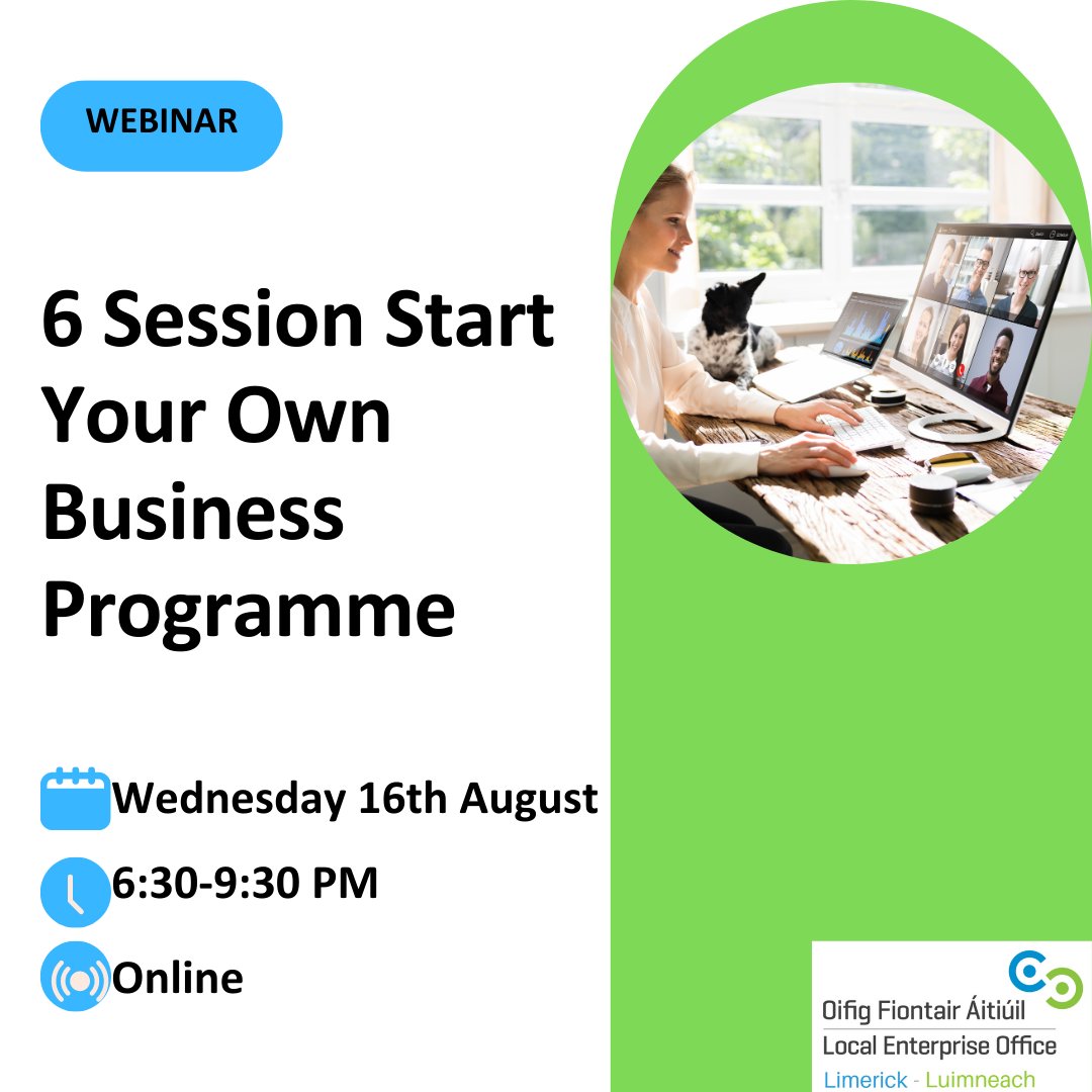 Are you thinking of starting a business ? Join us on Wednesday 16th of August for the first evening of a 6 session online programme that focuses on every aspect of starting a business. Book your place here localenterprise.ie/!EC1KMR Dates: 16th & 17th, 23rd & 24th, 30th & 31st.