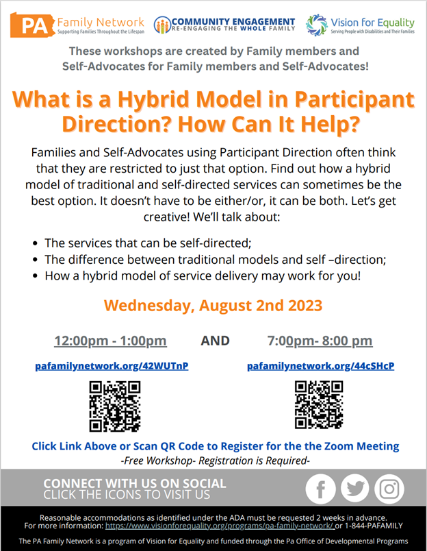 PartnersPIP's tweet photo. PA Family Network has a lot to offer this month! See the flyers below for details, register by following the links provided.

What is a Hybrid Model in Participant Direction? How Can it Help?
Aug. 2 12pm-1pm: https://t.co/Iyx7syyZPZ
Aug. 2 7pm-8pm: https://t.co/BSeiuvAmyL https://t.co/FqlANxJN20