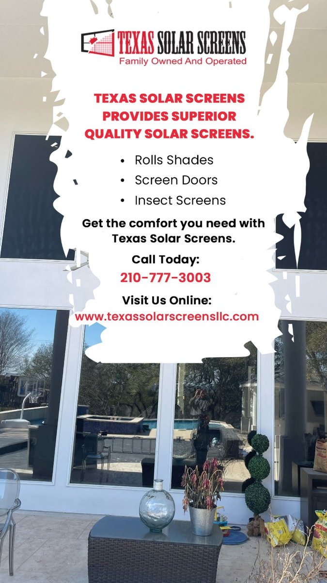 TxSolarScreens's tweet photo. 🔊 Keep the heat out and the savings in!

💯 Texas Solar Screens is your one-stop shop for keeping your home cool and energy efficient. We install solar screens on all sizes and types of windows and doors, so you can save money on your energy bills while reducing your carbon f... https://t.co/2hC3JbgSzi