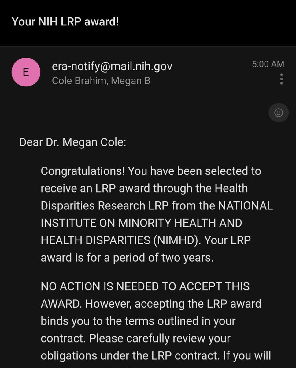 meganbcole's tweet photo. Returning here to share that I received an @NIH_LRP award from @NIMHD!, after being inspired by all of the Twitter announcements last year. I hope seeing this inspires others to do the same. https://t.co/MYcNmFcx5E