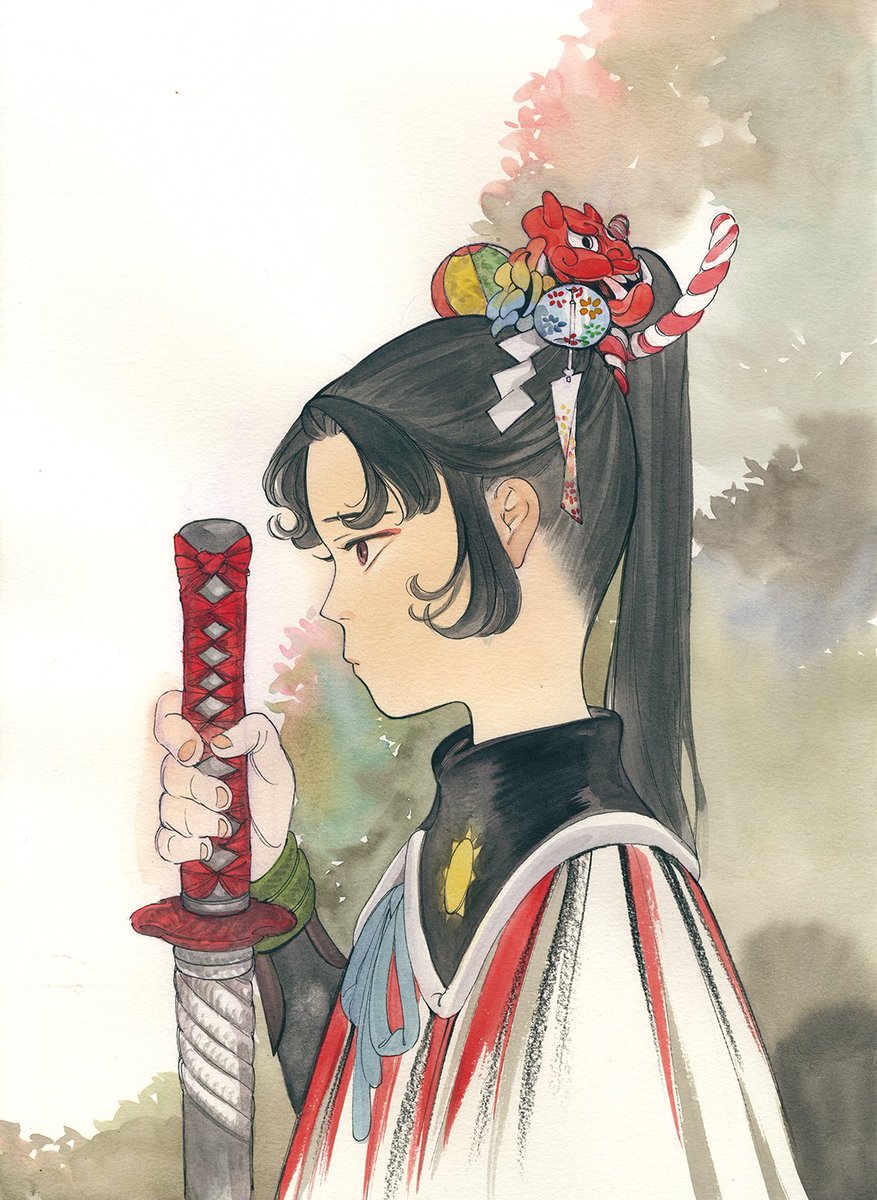 weapon black hair sword solo 1girl ponytail profile  illustration images