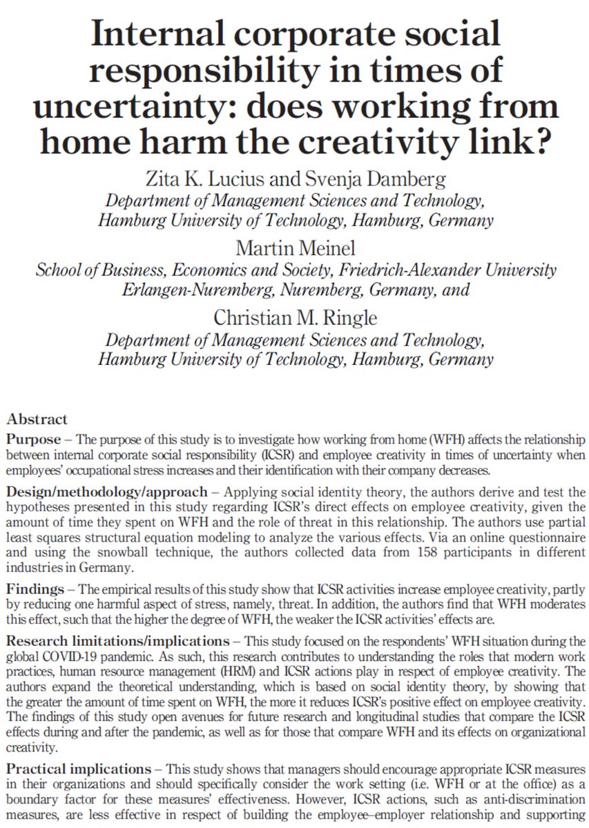 C_M_Ringle's tweet photo. Finally published: https://t.co/okLF3BfFOh
Zita Lucius, Svenja Damberg, Martin Meinel, &amp; Christian Ringle (2023). Internal Corporate Social Responsibility in Times of Uncertainty: Does Working from Home Harm the Creativity Link? The Bottom Line, 36(2), 112-134.
#research #pls https://t.co/J6CfgyPv7k