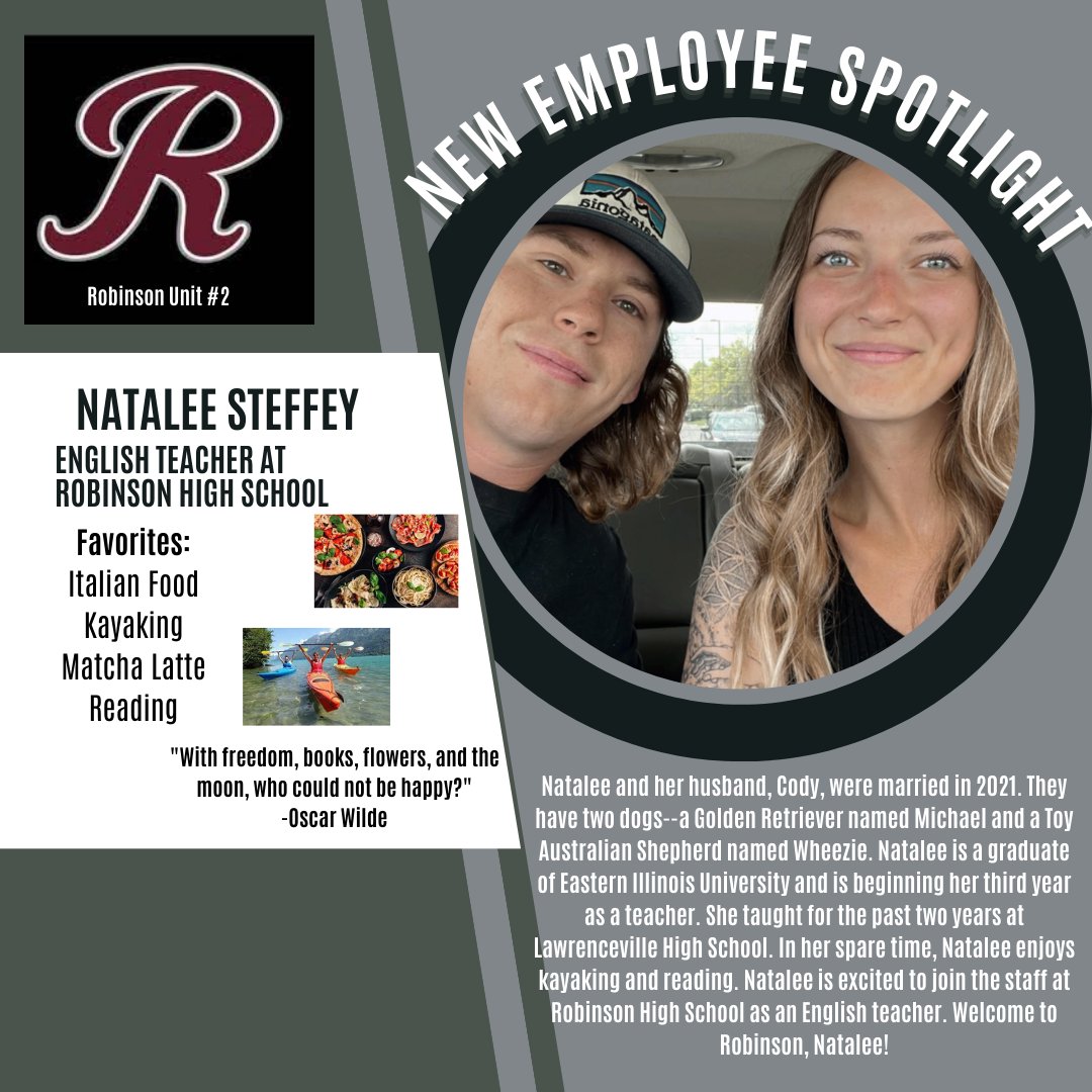 Please help us welcome Mrs. Natalee Steffey to Robinson High School!  Mrs. Steffey will be teaching English.