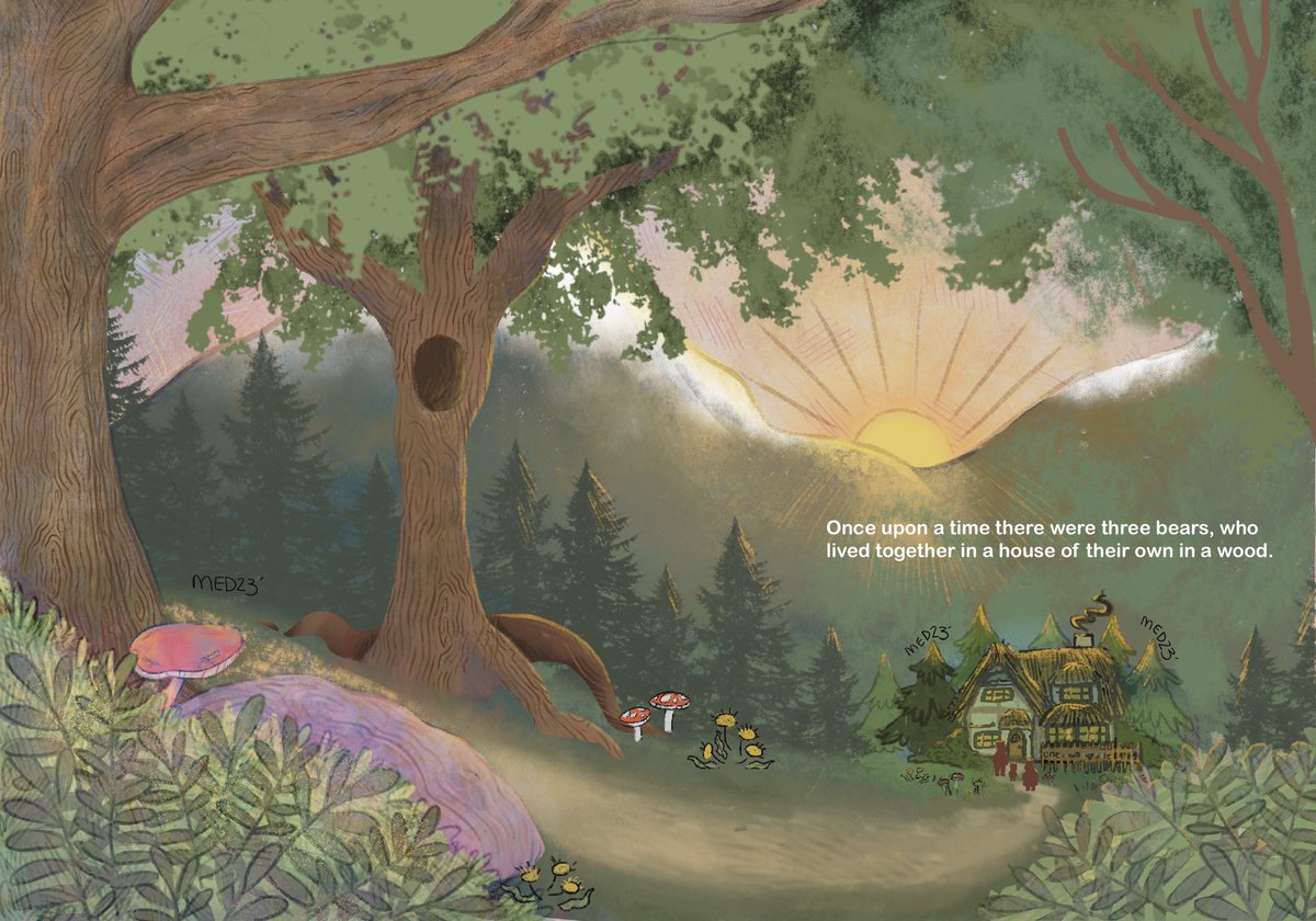 MedArts03's tweet photo. Double page spread from my “Goldilocks and the Three Bears” project from college 🐻🥣☀️
#nature #digitalart #digitalartist #smallartaccount
#illustration #childrensbookillustration
#childrensillustration #storybook #childrensliterature #kidlitart #procreate #florisbooks #scotland https://t.co/J11vbHIxtl