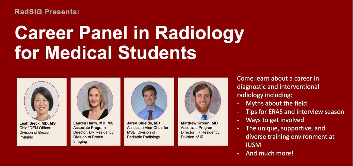 IU Radiology and Imaging Sciences (@iuradiology) on Twitter photo #MedStudentTwitter join for this exciting panel discussion tomorrow night at 7pm EST led by our very own <a href="/IUSMRadSIG/">IUSM Radiology SIG</a>. You don’t want to miss this chance to learn about a career in radiology from some of our leading experts!
Register: forms.gle/s1zsMdjXjPDDPT… #MedStudentTwitter join for this exciting panel discussion tomorrow night at 7pm EST led by our very own <a href="/IUSMRadSIG/">IUSM Radiology SIG</a>. You don’t want to miss this chance to learn about a career in radiology from some of our leading experts!
Register: forms.gle/s1zsMdjXjPDDPT…