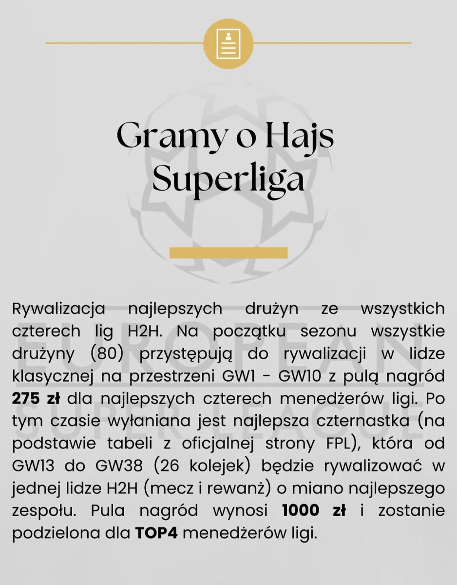 ❗NABÓR TRWA❗

W dalszym ciągu posiadamy wolne miejsca do formatu H2H w trzeciej lidze 💪

W tym sezonie poza nagrodami pieniężnymi dla TOP4 będziemy walczyć o statuetkę którą odbierze wygrany każdej ligi oraz superligi 🏆

Wpisowe: 110 zł 

#jakgractoznajlepszymi #FPLCommunity