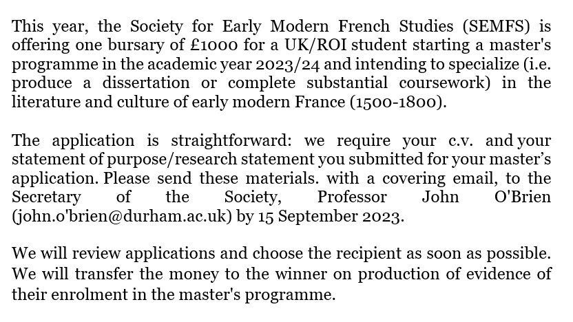 We are delighted to announce that SEMFS is offering one £1000 bursary for a student starting a master's programme (see below for details). We invite applications by 15th September 2023, to be sent to john.o'brien@durham.ac.uk. Please share widely with any potential applicants!