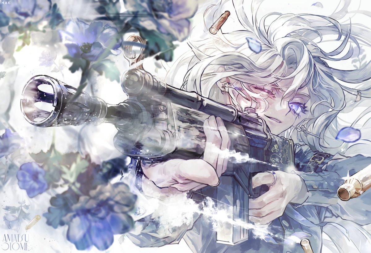 weapon gun holding weapon holding solo shell casing white hair  illustration images