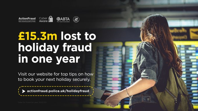 ⚠️£15.3m was lost by victims of #HolidayFraud between April 2022 and March 2023.

🏖️Booking a trip? Follow these top tips to avoid holiday fraud: actionfraud.police.uk/holidayfraud