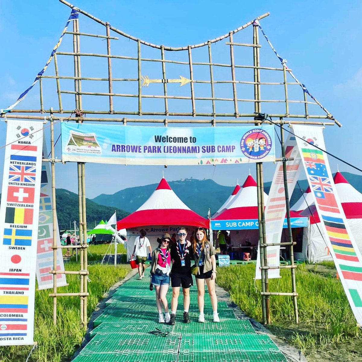 They have made it, after a few days exploring the Korean capital Seoul, Libby, Suze, and Sadie from West Wirral Scout District and Merseyside Scouts are at the 25th World Scout Jamboree site, seen here under the Arrowe Park Sub Camp gateway.