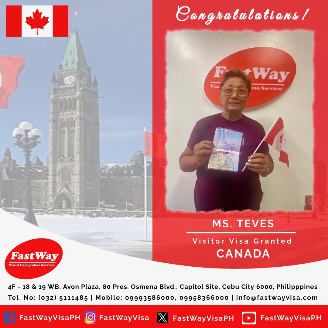 FastWayVisaPH's tweet photo. VISA NOTIFICATIONS: VISIT VISA GRANTED FOR CANADA! CONGRATULATIONS MS. TEVES 🇨🇦🍁
#CANADA #businessvisa #visitvisa #studentvisa #FianceeVisa #SpousalVisa
#treeassessment https://t.co/SfA608LmuB