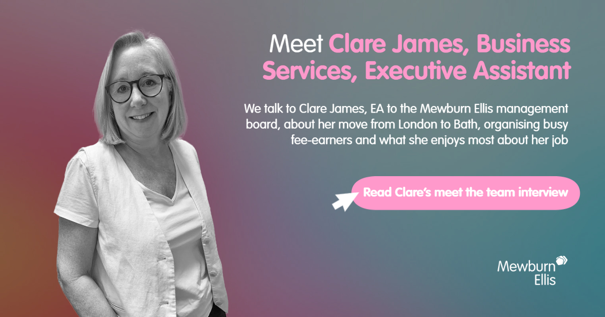 As part of our 'meet the team' series, we talk to Clare James, EA to the Mewburn Ellis management board, about her move from London to Bath, organising busy fee-earners and what she enjoys most about her job.

Read Clare’s full interview here: hubs.la/Q01ZLcXb0