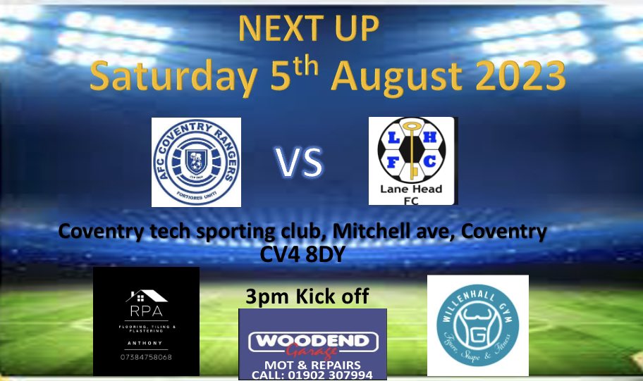 ❗️NEXT UP❗️
LEAGUE ACTION IS BACK.This Saturday we start our season on the road away to <a href="/AFCCovRangers/">AFC Coventry Rangers</a> as the boys look to start the season with a win.If you have nothing to do this Saturday come down and support the lads💪
Entry💰
Adults-£4
Concessions-£2
U16- Free
#upthelane 💙