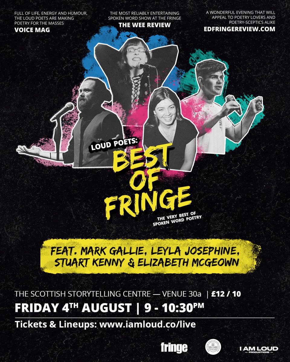 IAmLoudPro's tweet image. FRIDAY! 

Catch us at the @ScotStoryCentre from 9pm for Loud Poets: Best of Fringe! 

With @CandysEyes, @MarkGallie_, @StuartKenny &amp;amp; @LeylaJosephine1! 

Tickets: Tickets are selling fast; …storytellingcentre.online.red61.co.uk/event/913:4968/

#Loudpoets #iamloudpro #edfringe