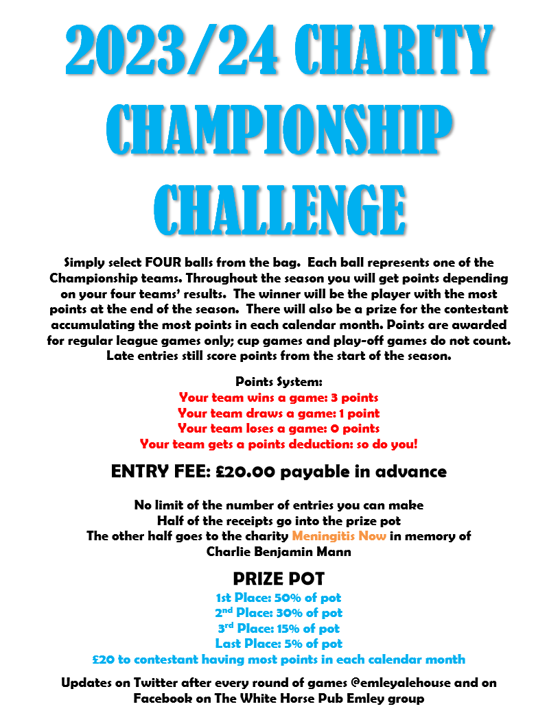 emleyalehouse's tweet photo. It's back! The 2023/24 Championship Challenge is underway, raising valuable funds for @MeningitisNow. Everyone is welcome to join by asking at the bar. If you can't get to the pub you can join by contacting Martin or Ian. 1st Prize last season was £450! https://t.co/LRQc3rRqPy