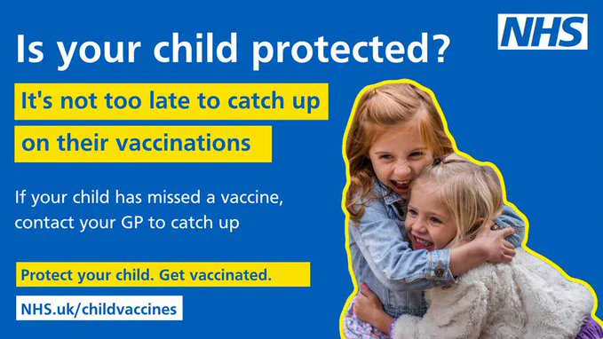 Vaccination levels have fallen in recent years, increasing the risk of an outbreak. 

If your child is not fully up to date on their routine vaccinations, contact your GP to book an appointment.  

Search ‘NHS child vaccines’ or visit nhs.uk/child-vaccines for information