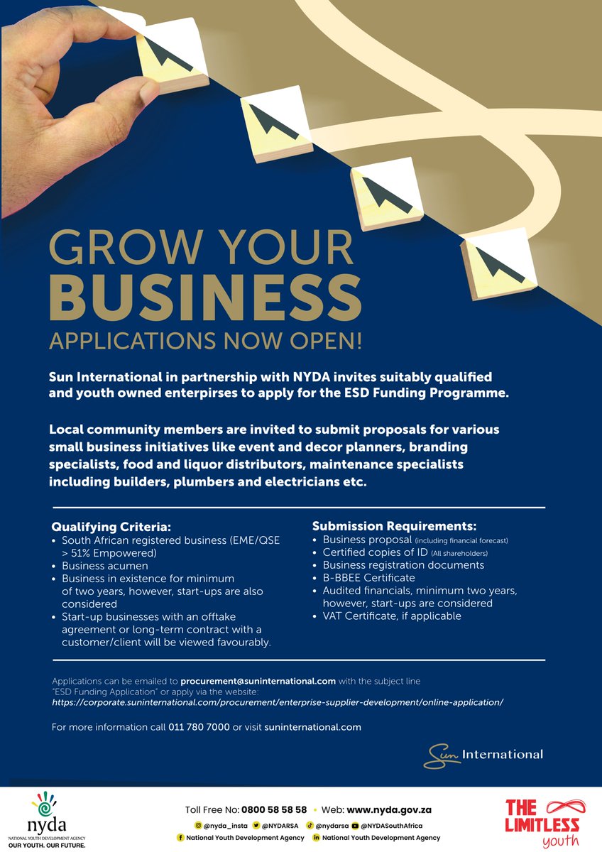 NYDARSA's tweet photo. Supporting Local Businesses is Key!

Sun International in partnership with the NYDA invites suitably qualified and youth-owned enterprises to apply for the Enterprise and Supplier Development (ESD) Funding Programme.

Link to apply: https://t.co/4WUnQIECnx

The significance of this contribution to the economy is reflected in the National Development Plan’s priority to increase small business’ contribution to the economy to 90% by 2030.

For more information, please call 0117807000.

#NYDA #SunInternational #YouthPartnerships #wednesdaythought #SouthAfrica #SouthAfricans #Mzansi #Funding #wedomorewednesday #opportunity #business #marketlinkages #supplierdevelopment #ItCanBe #Entrepreneurship #Entrepreneurs #youthowned #link #apply
