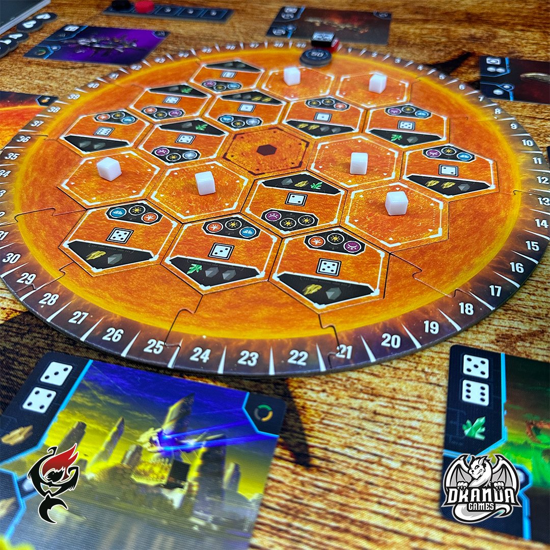 MonkeysWithFire's tweet photo. On tomorrow's show, we construct the greatest technological achievement humankind has ever known in the dice placement/manipulation game, SOLAR SPHERE, from @DrandaGames. ☀️🚀 #monkeyswithfire #boardgames #solarsphere https://t.co/yDRaQCBPP4