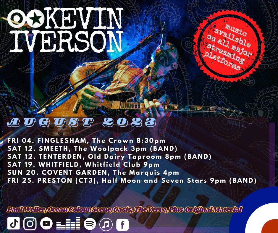 iverson_guitar's tweet photo. A U G U S T / 2 0 2 3💥
♥️🤍💙
.
.
.
#keviniverson #singer #guitarist #indierock #britpop #mod #indierocknroll #rockmusic #gigs #relcolondon #mods #scooters #vespa #lambretta #royalalloy #guitar #giglist #july #2023 #britpop https://t.co/mLzN2kFBaE