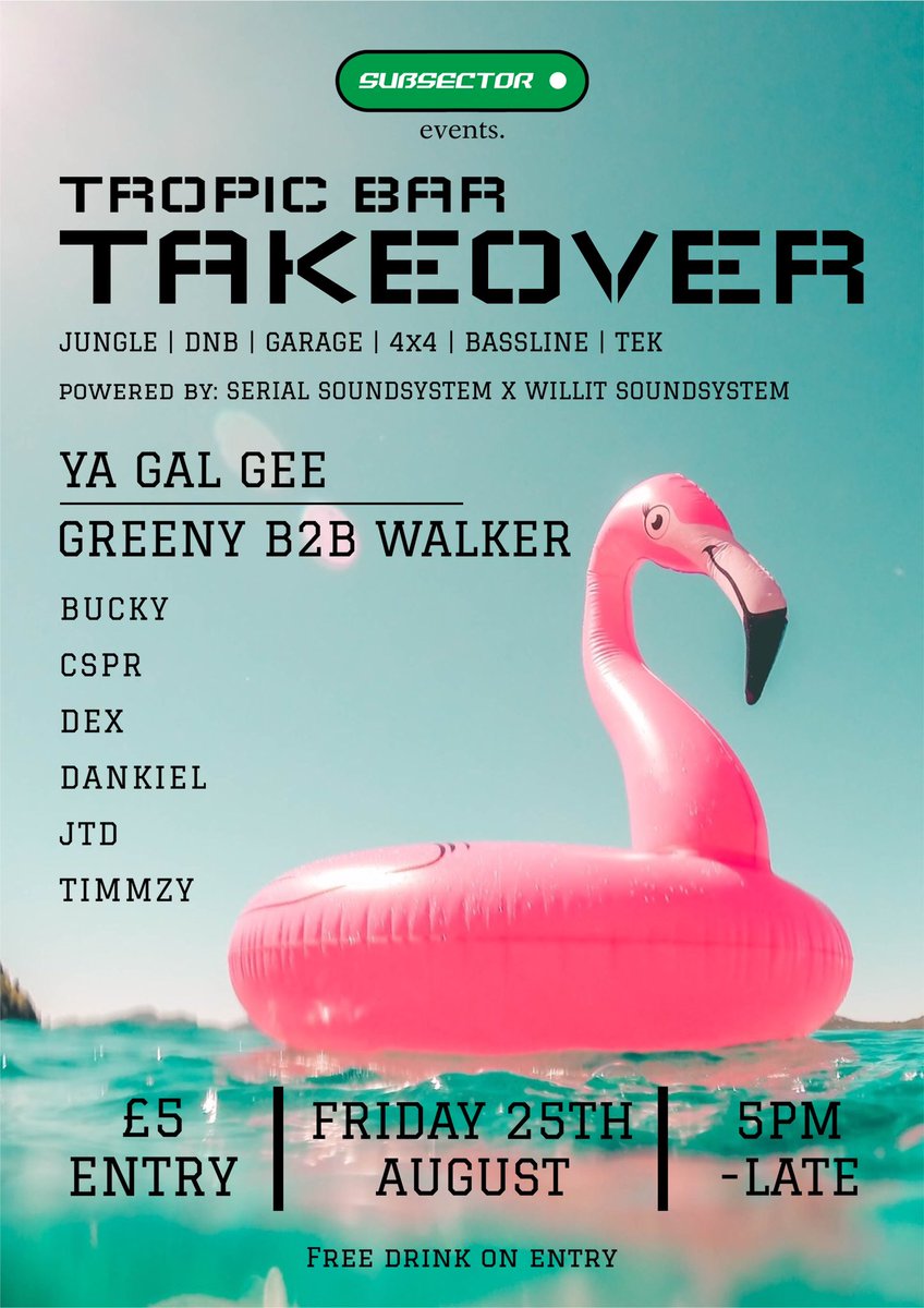 subsectorevents's tweet photo. Very excited to present our Tropic Bar Takeover at the end of august! Don’t regret missing out! https://t.co/LArzbsstLI