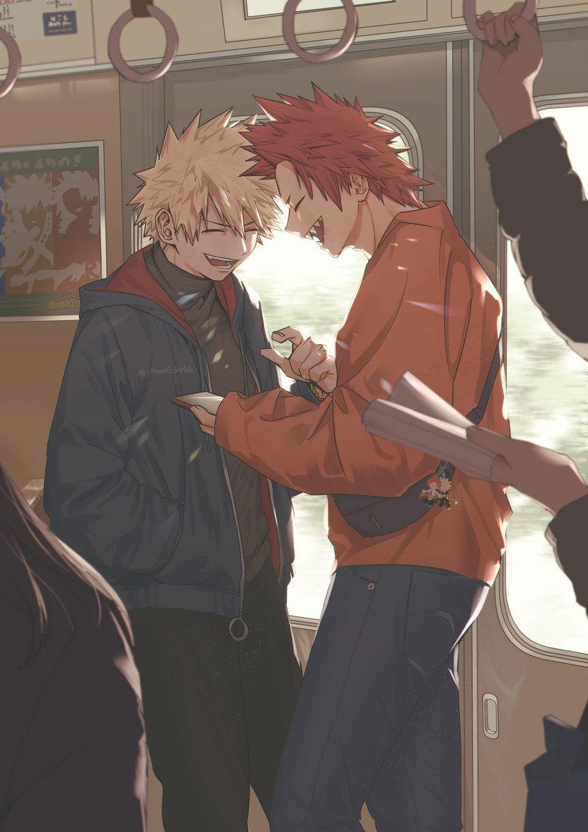 bakugou katsuki train interior spiked hair blonde hair multiple boys red hair closed eyes pants  illustration images