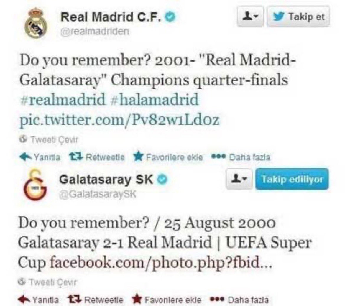 Galatasaray,"çeyrek finali hatırlıyor musun"diye soran Real Madrid'e"UEFA Süper Kupa finalini hatırlıyor musun"şeklinde yanıt vereli 10 yıl 1 ay 28 gün oldu...