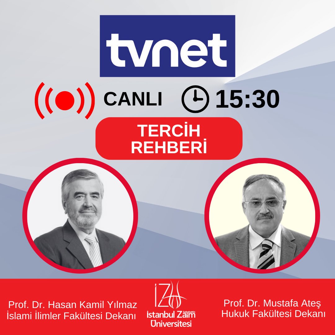 İZÜ İslami İlimler Fakültesi Dekanı Prof. Dr. Hasan Kamil YILMAZ ve İZÜ Hukuk Fakültesi Dekanı Prof. Dr. Mustafa ATEŞ bugün üniversitemiz ve tercih dönemi hakkında merak ettiğiniz her şey için Saat 15:30'da TVNET ekranlarında!
İzlemek için: tvnet.com.tr/canli-yayin

#izü #tvnet
