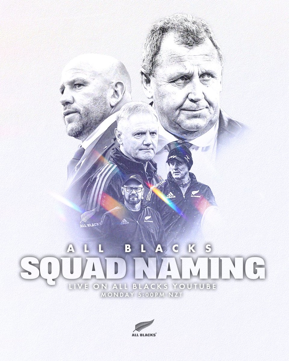 AllBlacks's tweet photo. Squad for France named on Monday 🤝

📺 Watch live on our YouTube channel from 5pm NZT

#allblacks https://t.co/toMogoLu7p